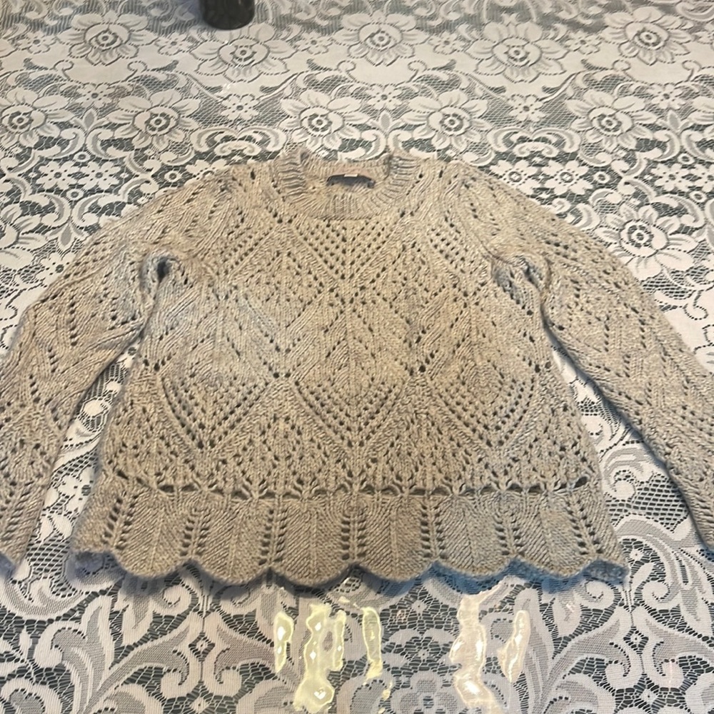 LOFT Beige Open-Knit Scallop Hem Sweater